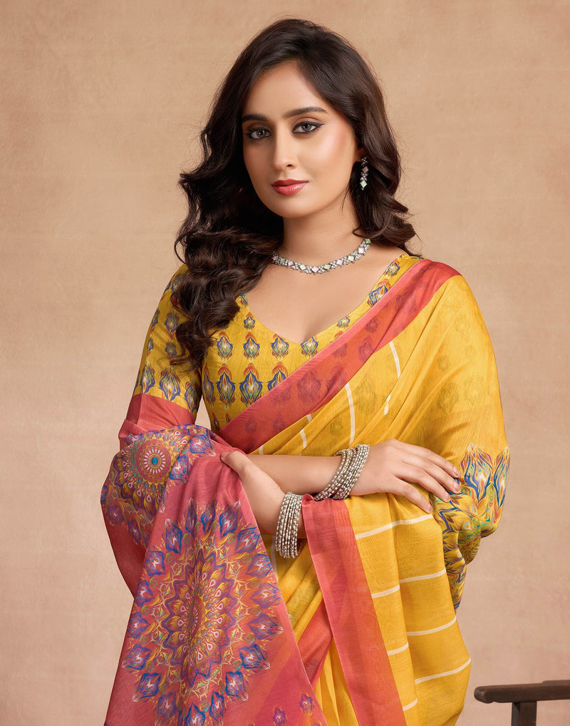Yellow Chanderi Cotton Printed Saree