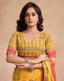 Yellow Chanderi Cotton Printed Saree