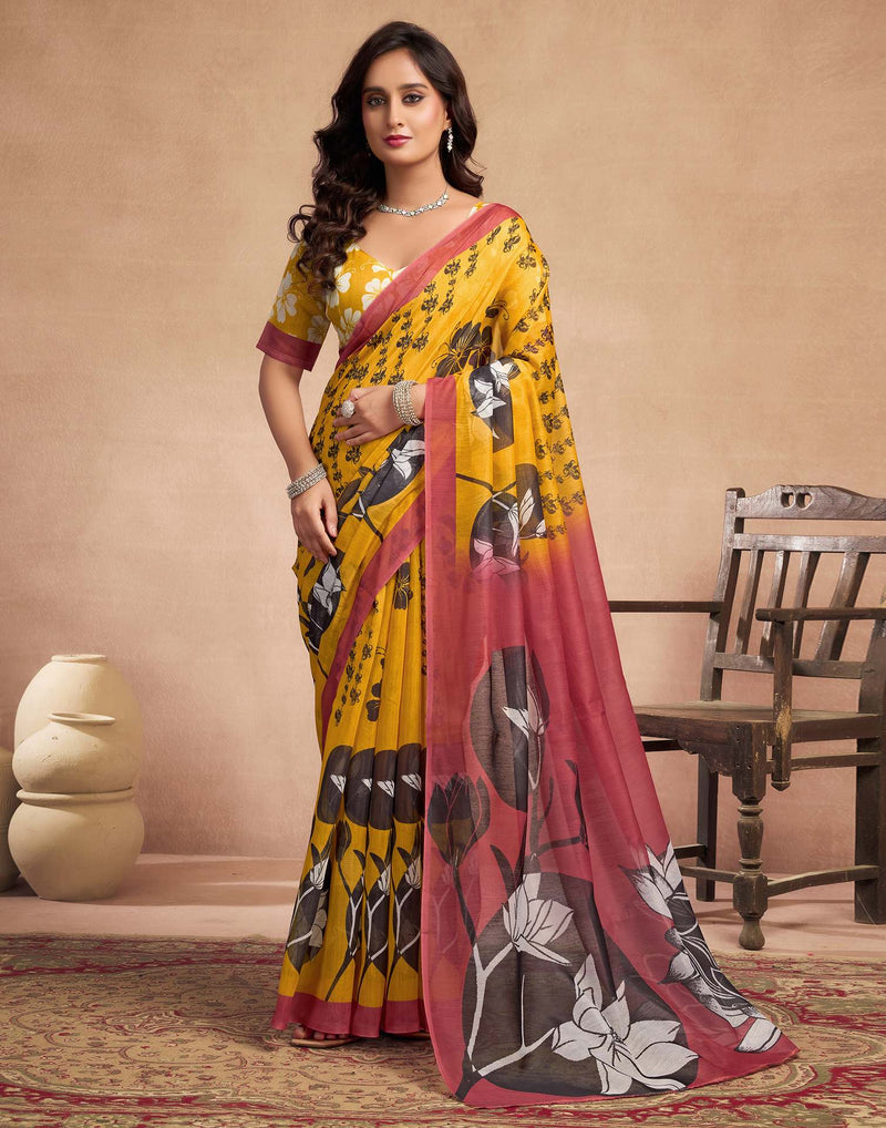 Yellow Chanderi Cotton Floral Printed Saree
