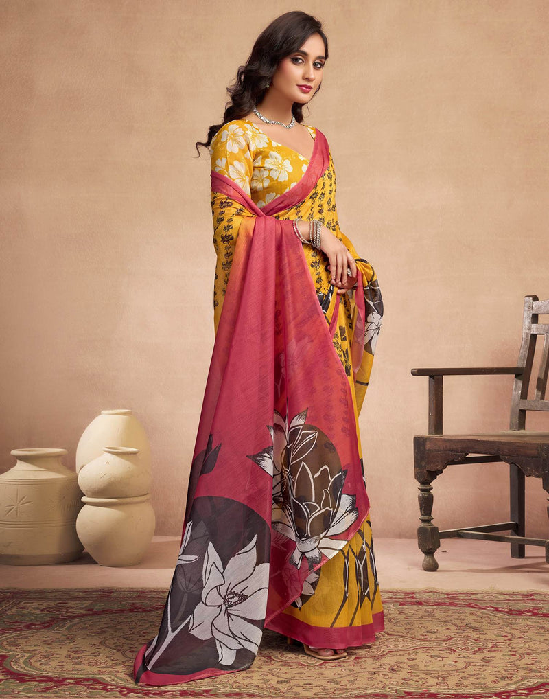 Yellow Chanderi Cotton Floral Printed Saree