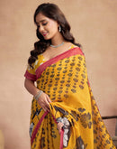 Yellow Chanderi Cotton Floral Printed Saree