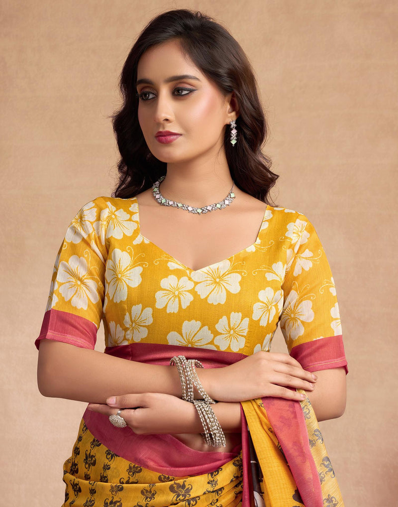 Yellow Chanderi Cotton Floral Printed Saree