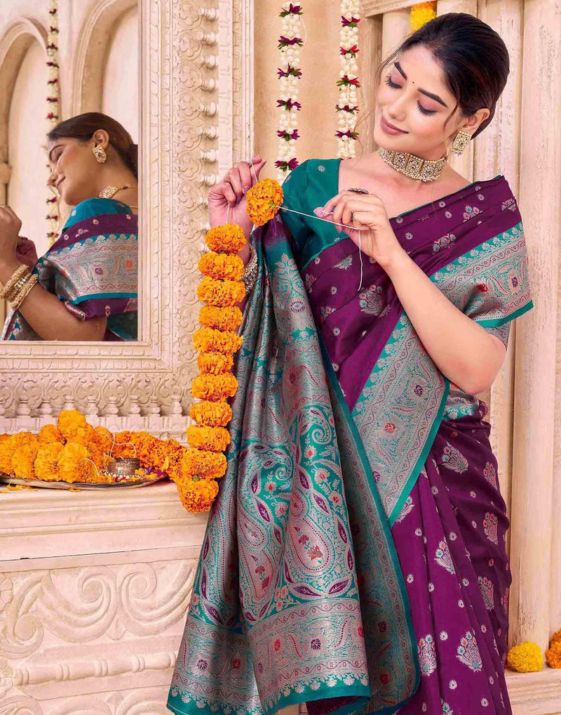 Wine Silk Woven Saree
