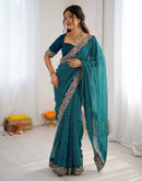 Teal Blue Georgette Printed Laheriya Saree