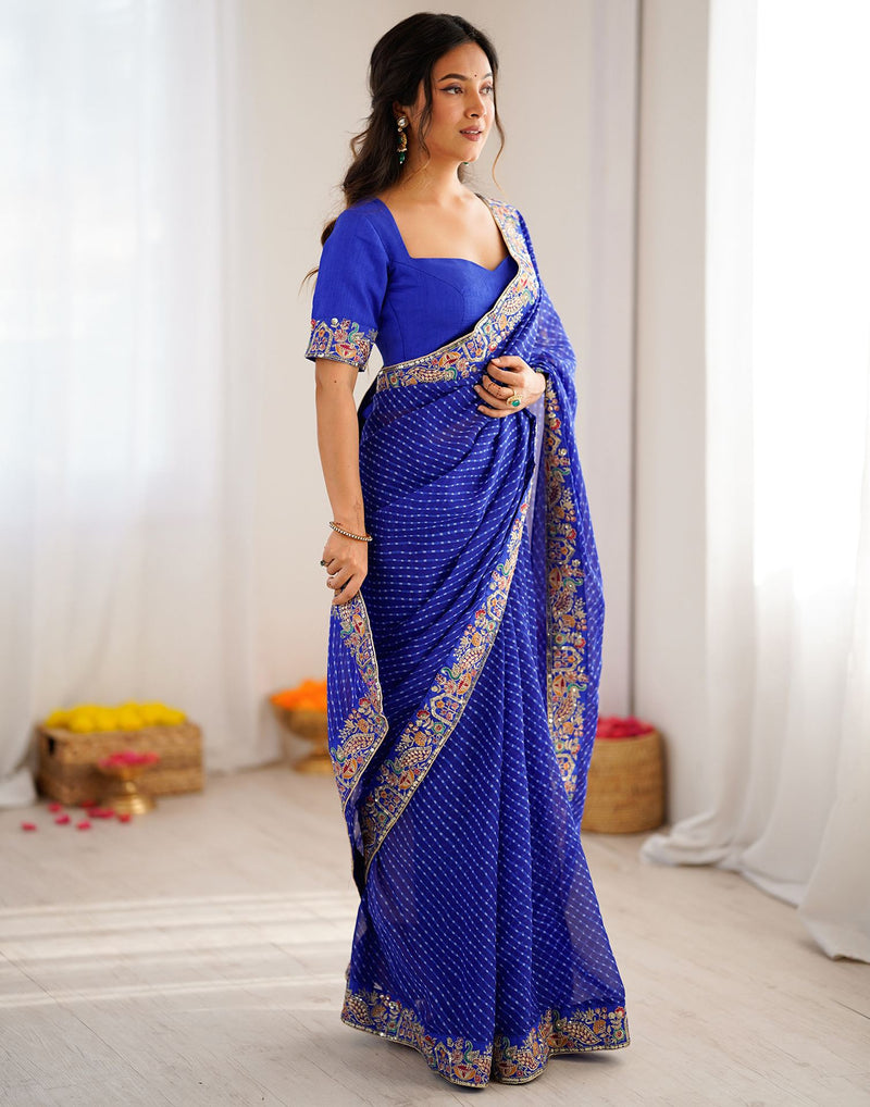 Blue Georgette Printed Laheriya Saree