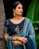 Light Teal Blue Tissue Silk Lace Saree