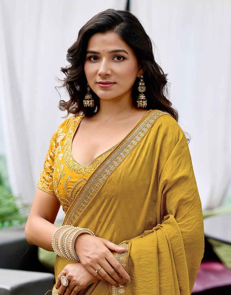 Yellow Silk Sequence Lace Saree