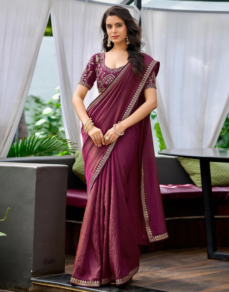 Wine Silk Sequence Lace Saree