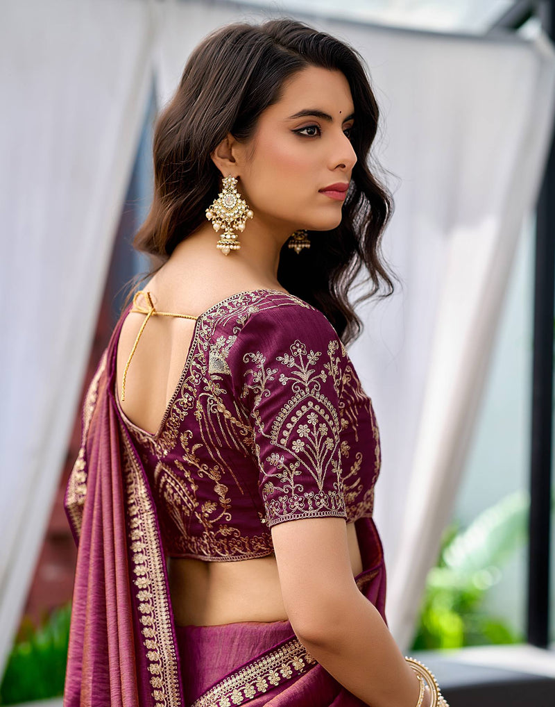 Wine Silk Sequence Lace Saree