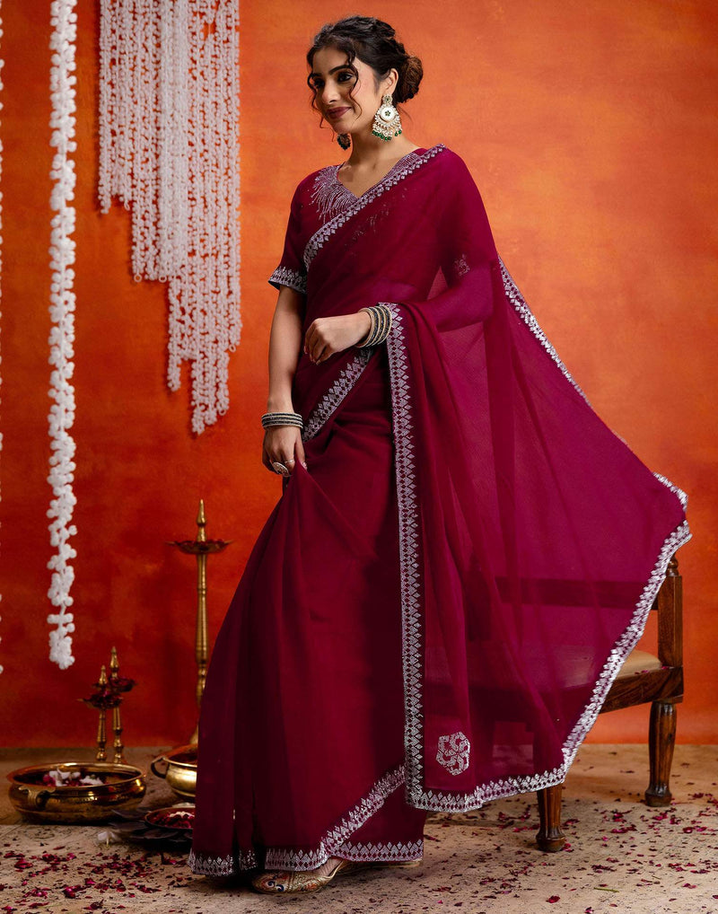 Dark Rani Pink Shimmer Stone Work Swarovski Saree