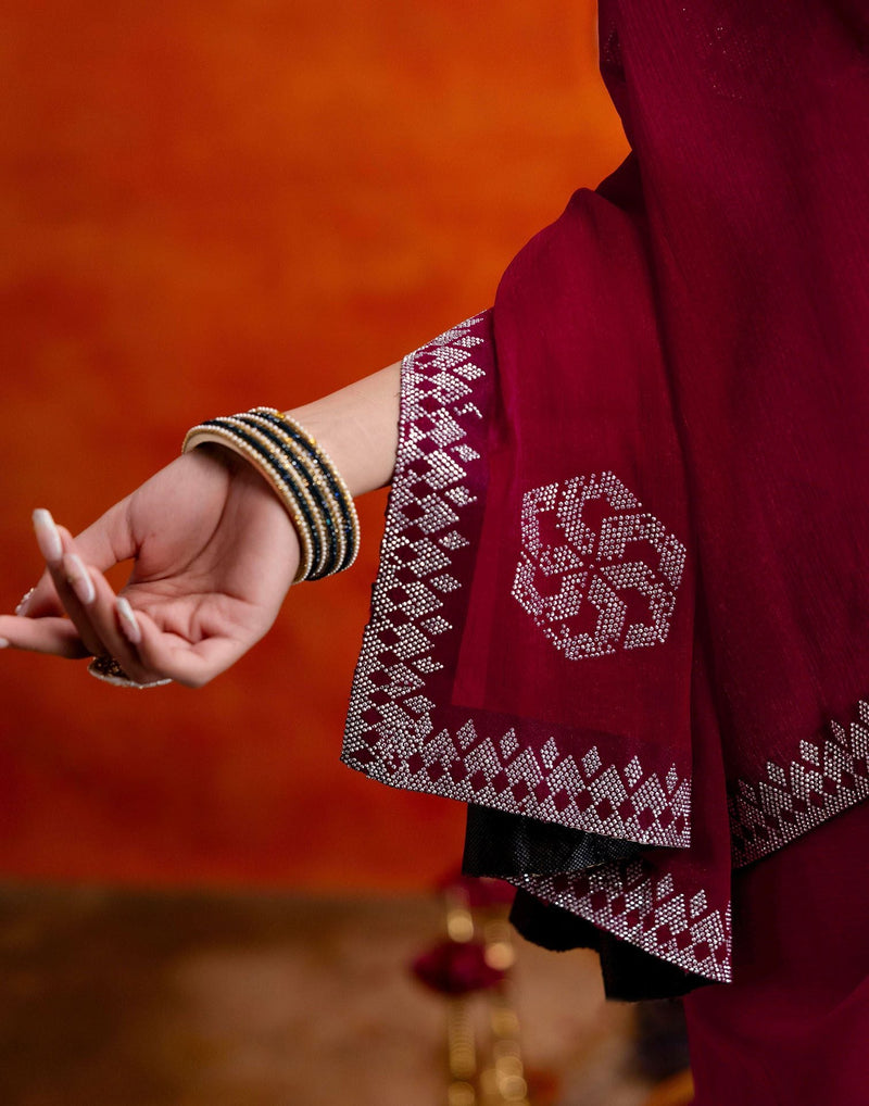 Dark Rani Pink Shimmer Stone Work Swarovski Saree