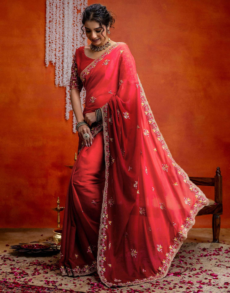 Red Shimmer Embroidery Saree