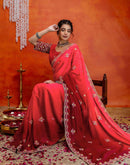 Red Shimmer Embroidery Saree