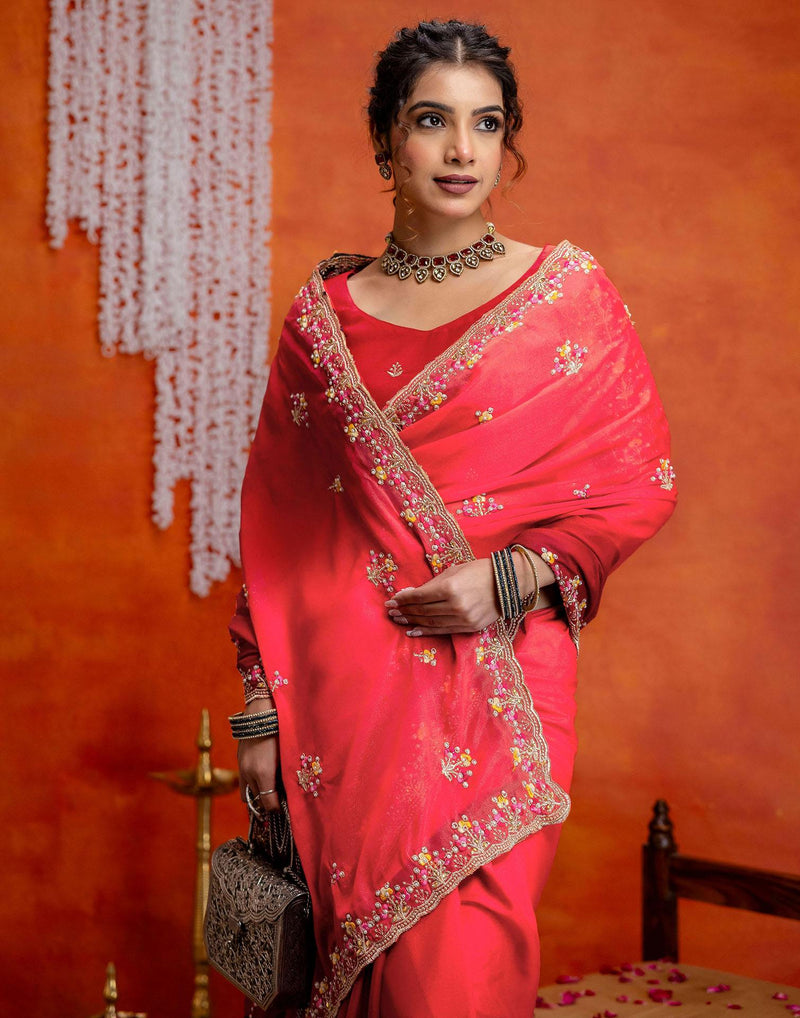 Red Shimmer Embroidery Saree