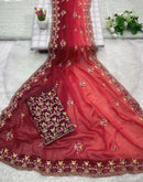 Red Shimmer Embroidery Saree
