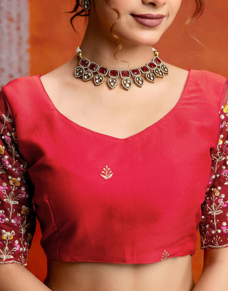 Red Shimmer Embroidery Saree