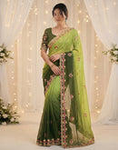 Mehndi Green Shimmer Embroidery Saree