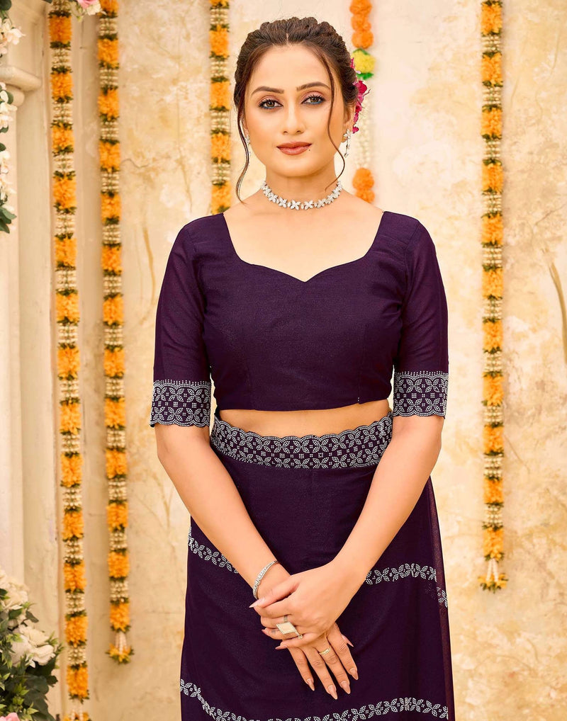 Wine Shimmer Stone Work Swarovski Saree