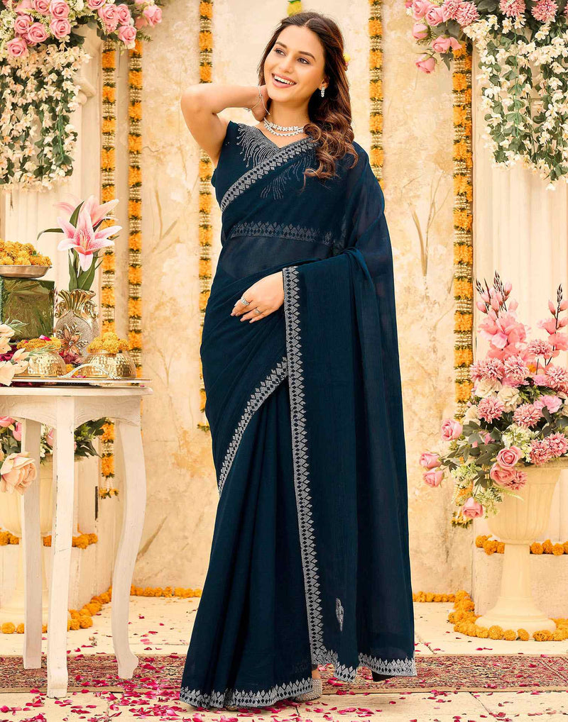 Navy Blue Shimmer Stone Work Swarovski Saree