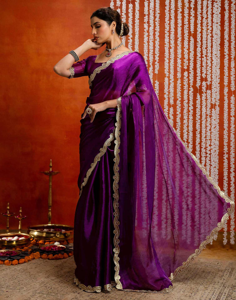 Dark Purple Shimmer Embellished Lace Saree