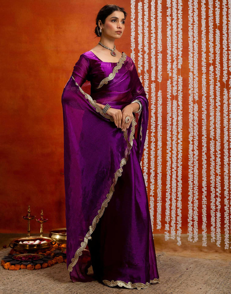 Dark Purple Shimmer Embellished Lace Saree