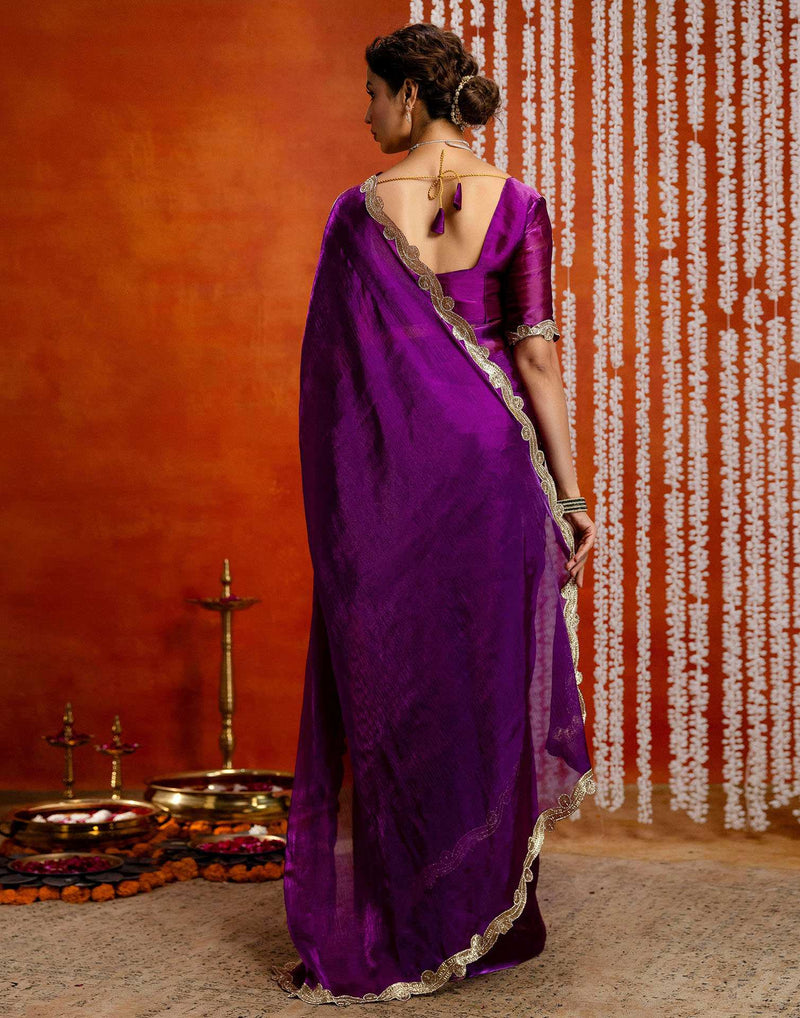 Dark Purple Shimmer Embellished Lace Saree