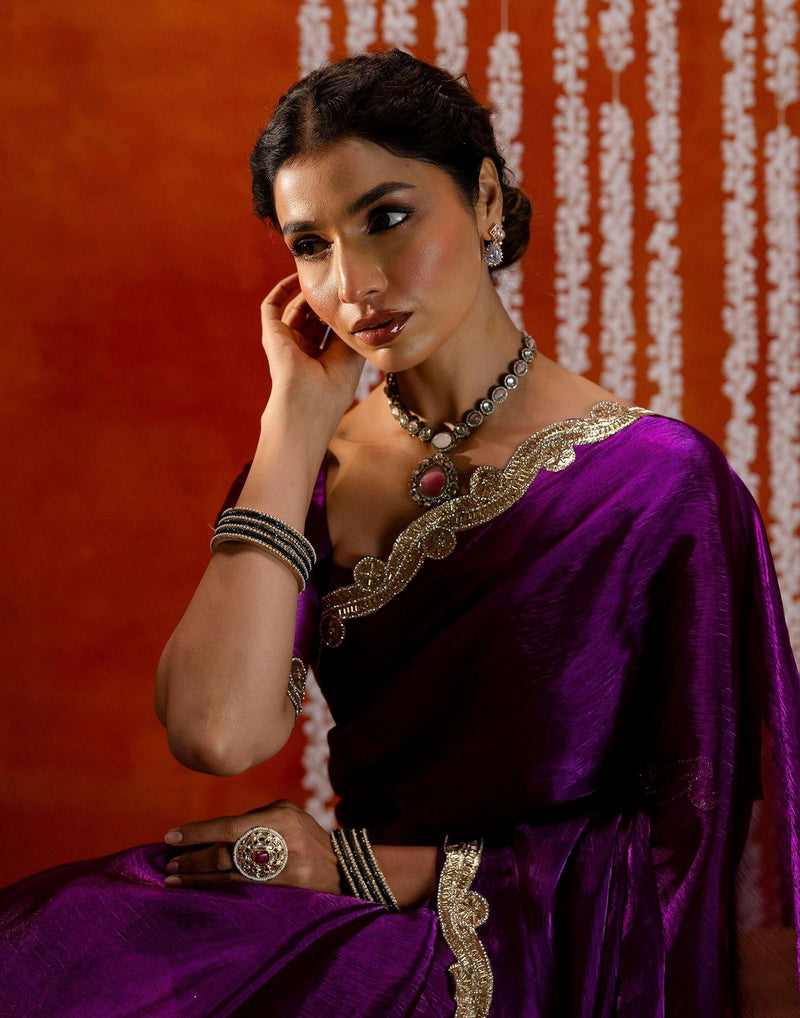 Dark Purple Shimmer Embellished Lace Saree