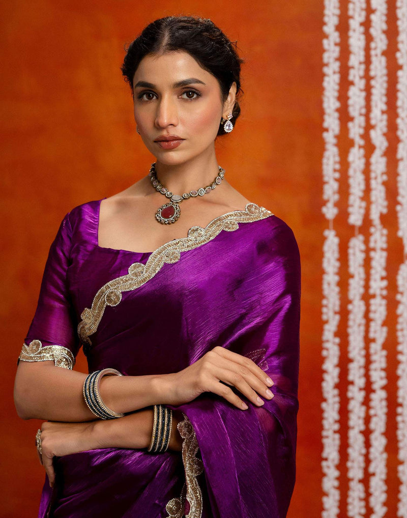 Dark Purple Shimmer Embellished Lace Saree