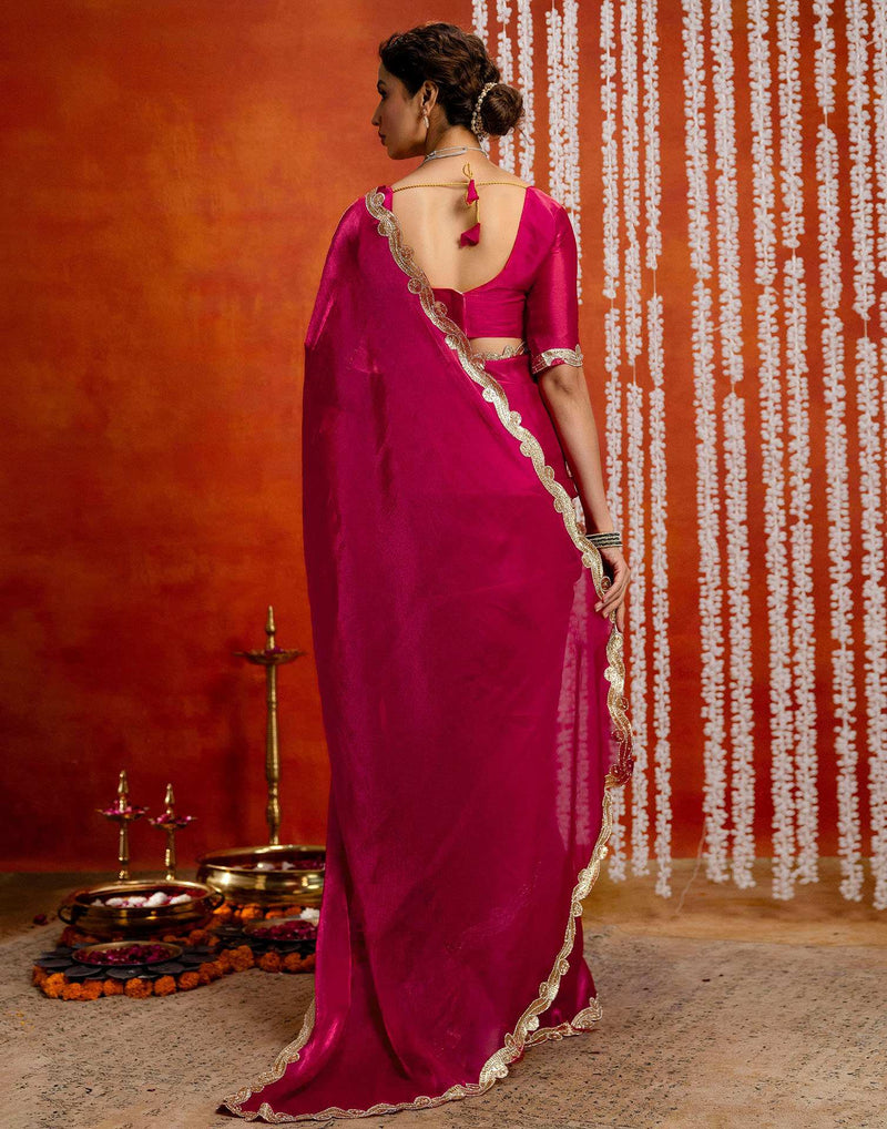 Dark Pink Shimmer Embellished Lace Saree