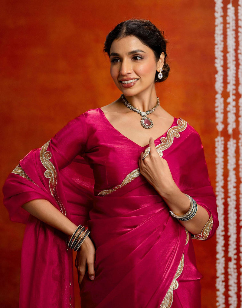 Dark Pink Shimmer Embellished Lace Saree