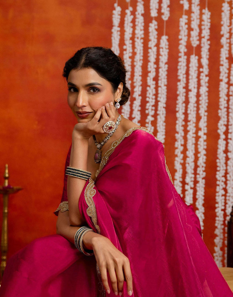 Dark Pink Shimmer Embellished Lace Saree