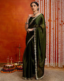 Olive Green Shimmer Embellished Lace Saree
