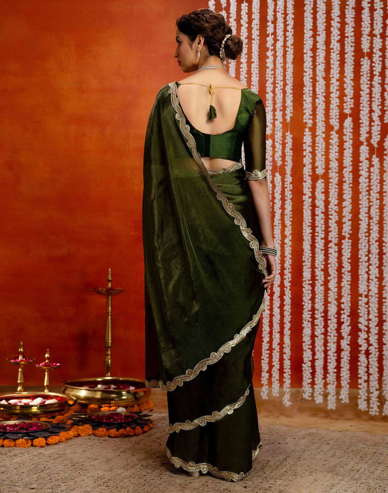 Olive Green Shimmer Embellished Lace Saree