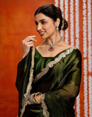 Olive Green Shimmer Embellished Lace Saree