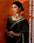 Olive Green Shimmer Embellished Lace Saree