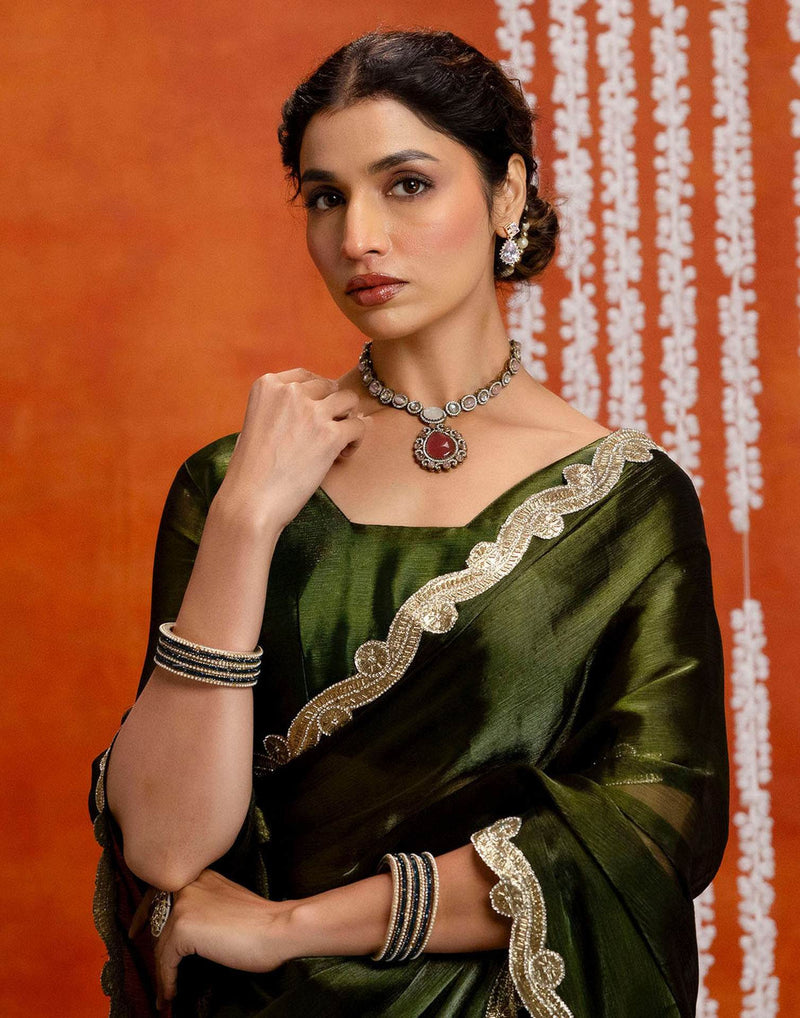 Olive Green Shimmer Embellished Lace Saree