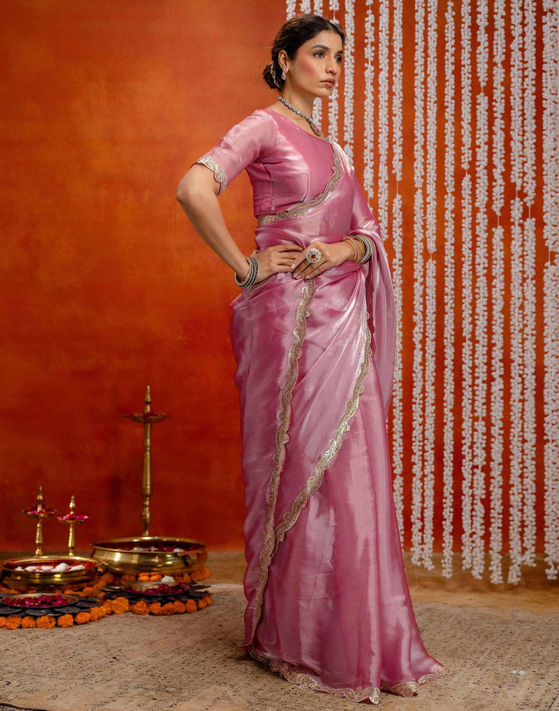 Baby Pink Shimmer Embellished Lace Saree