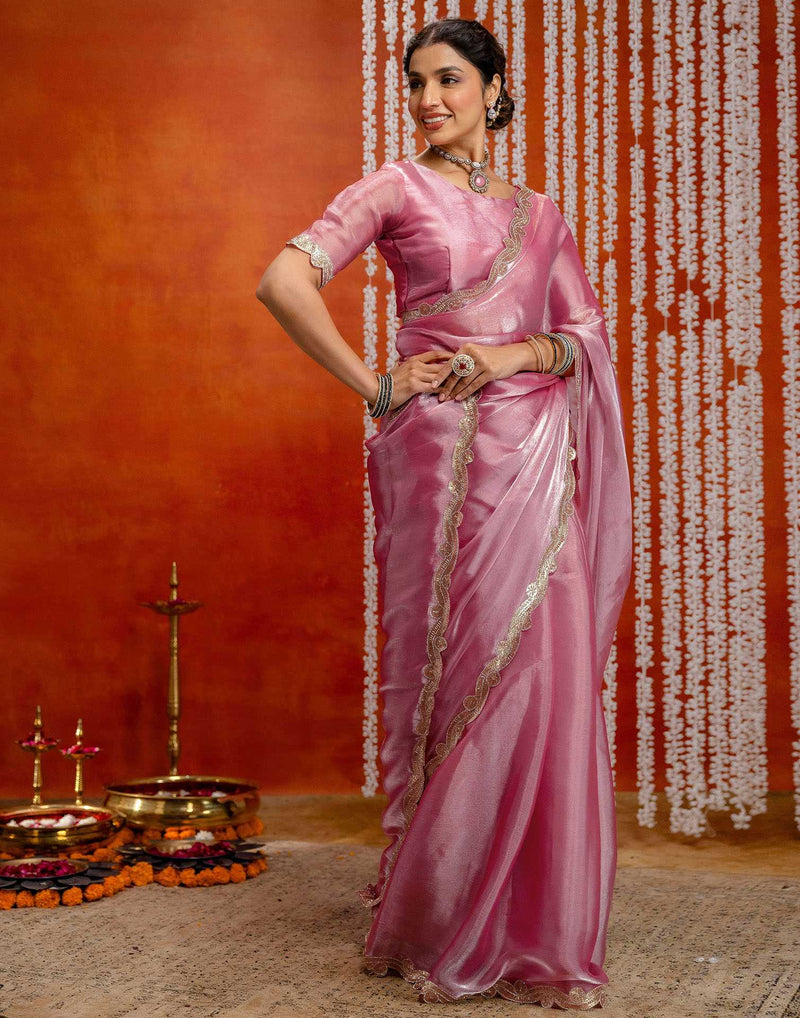 Baby Pink Shimmer Embellished Lace Saree