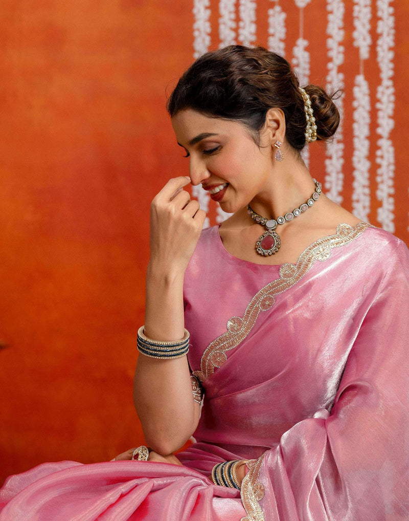 Baby Pink Shimmer Embellished Lace Saree