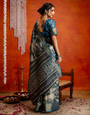 Steel Blue Cotton Printed Woven Saree