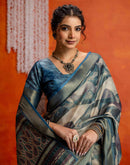 Steel Blue Cotton Printed Woven Saree