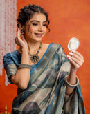 Steel Blue Cotton Printed Woven Saree