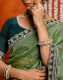 Olive Green Crush Tissue Sequence Lace Saree