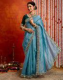 Teal Blue Crush Tissue Sequence Lace Saree