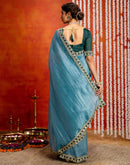 Teal Blue Crush Tissue Sequence Lace Saree