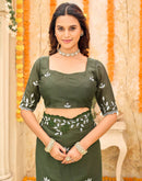 Olive Green Georgette Embroidery Saree