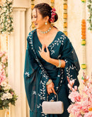 Rama Blue Georgette Embroidery Saree