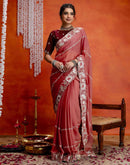 Dusty Rose Pink Shimmer Embroidery Saree