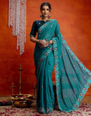 Teal Blue Shimmer Embroidery Saree