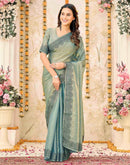 Dusty Teal Blue Shimmer Stone Work Swarovski  Saree